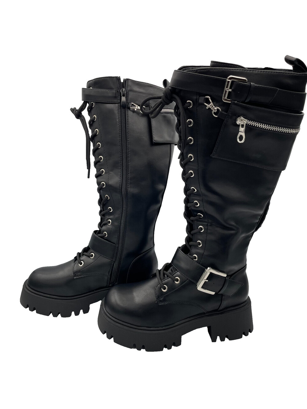 NIB Dream Pairs Platform Combat Boots Womens 7.5 Black Knee High Chunky Goth Emo